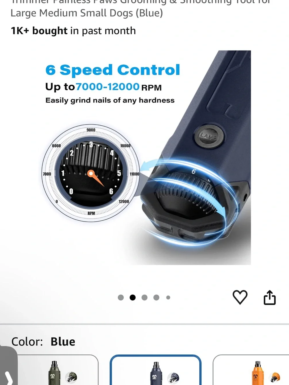 Blue Rechargeable Dog Nail Grinder – Quiet 6-Speed Pet Trimmer